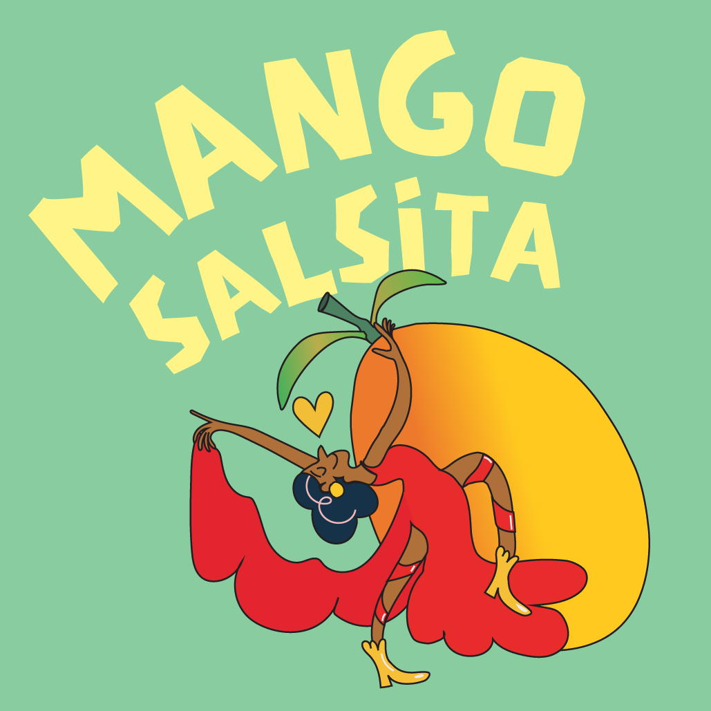 An illustration of a black salsa dancer with black curly hair in a red dress with gold boots and gold earrings. She is holding her dress with one hand making it flow back dramatically behind her. There is a yellow heart above her nose and she's dancing in front of a yellow mango with a green stem that's larger than her. The text above her reads "Mango Salsita" on a seafoam green background.