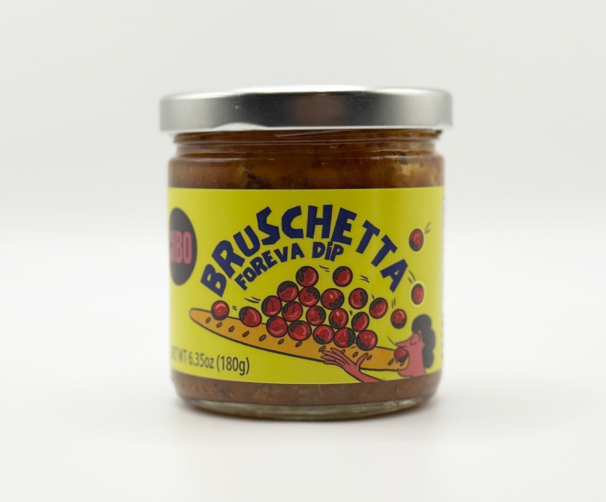 Jar of Bruschetta Forevea Dip with a yellow label on a white background