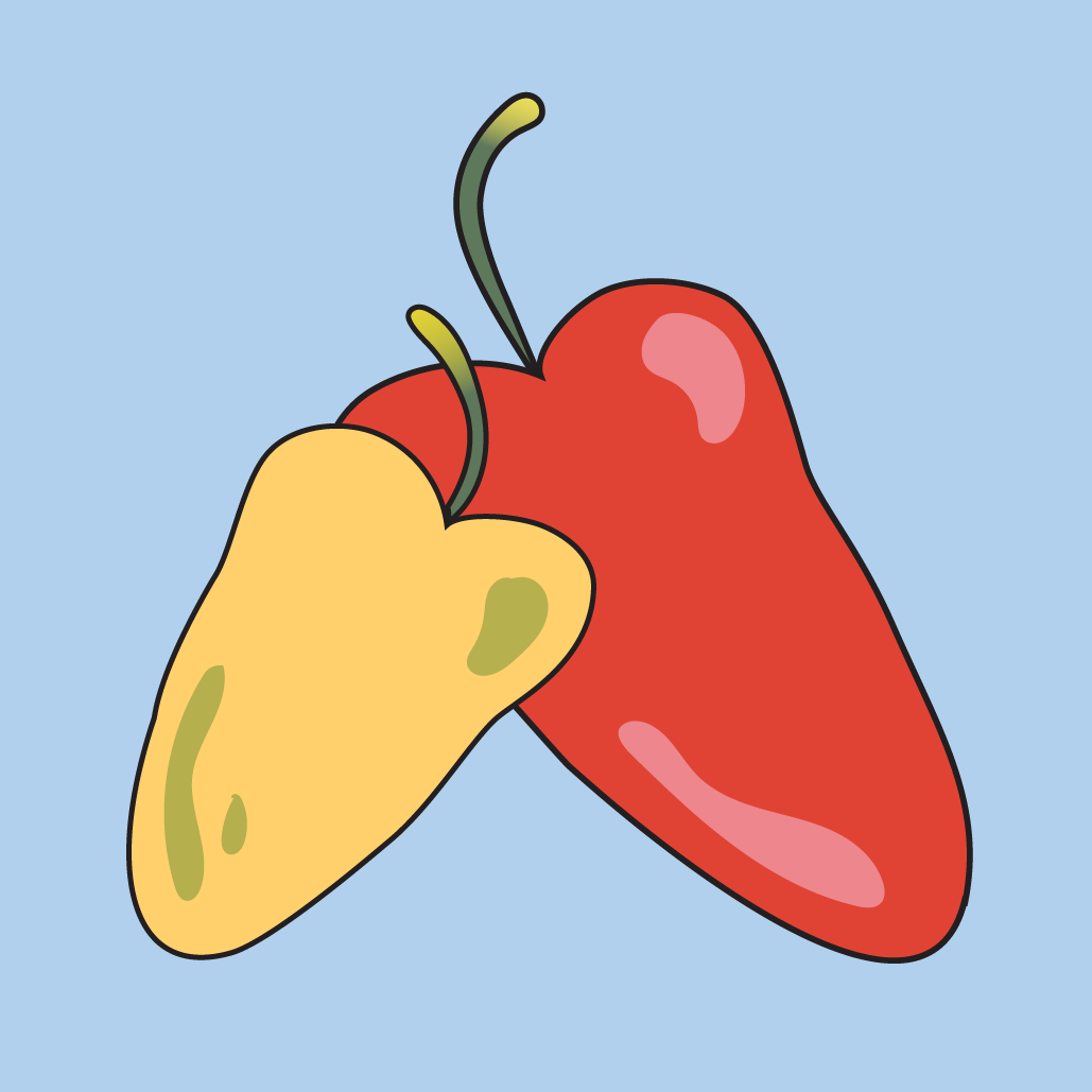 An illustration of two habanero peppers, one yellow and one red, are crossed against a lavender background. 