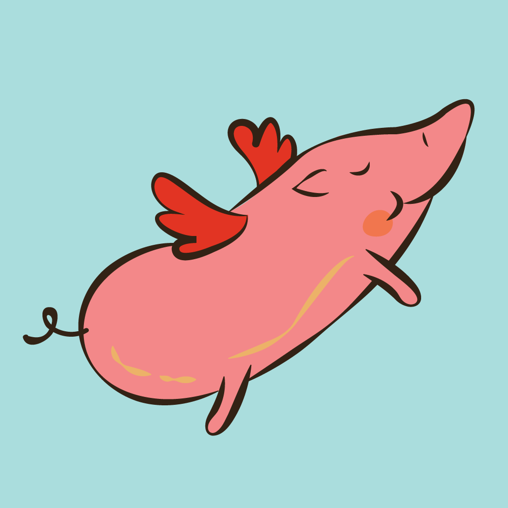 An illustration of a pink pig with red wings and a tiny curly black tail taking flight on a pale blue background. The pig looks happy. 