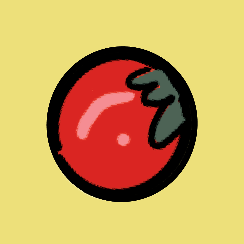 An illustration of a red tomato with green leaves against a pale yellow background.