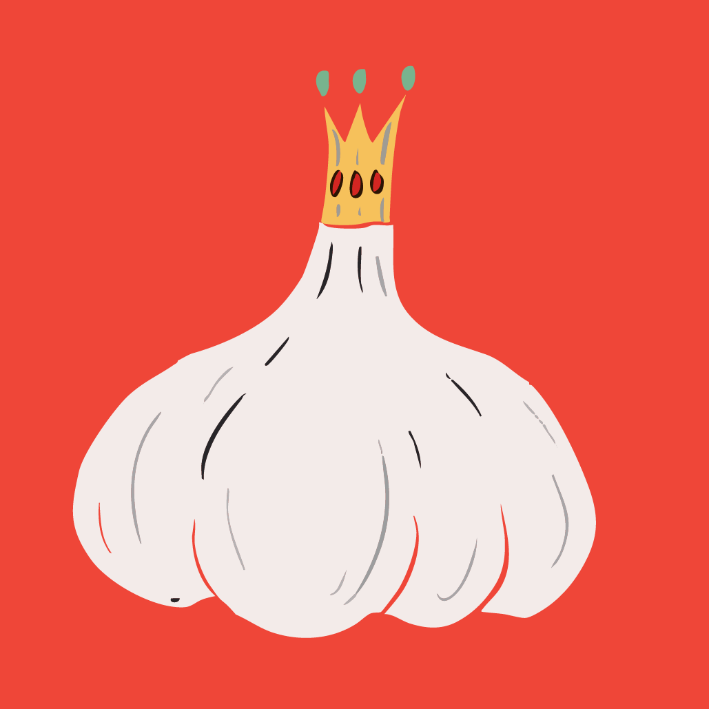An illustration of a white head of garlic wearing a golden crown with red and green gems. The garlic is against a red background. 
