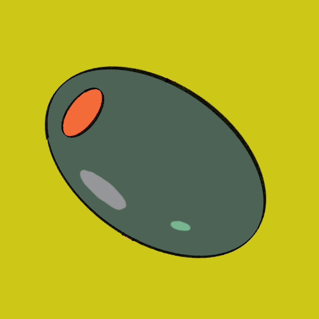 An illustration of a dark green olive, you can barely see the red/orange pit inside. The olive is against a olive green background. 