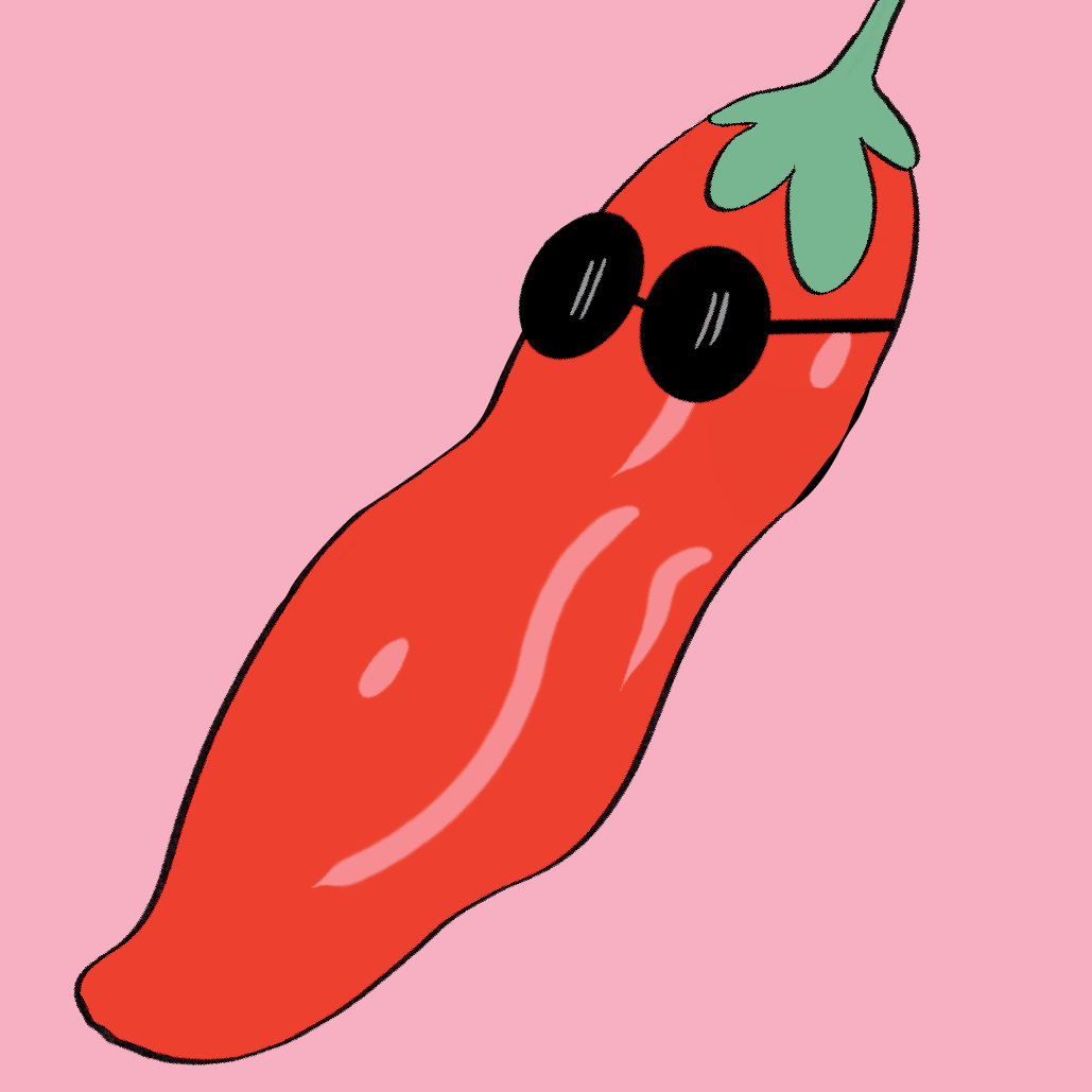 An illustration of a red pepper with a green top wearing black sunglasses. The pepper is on a pink background. 