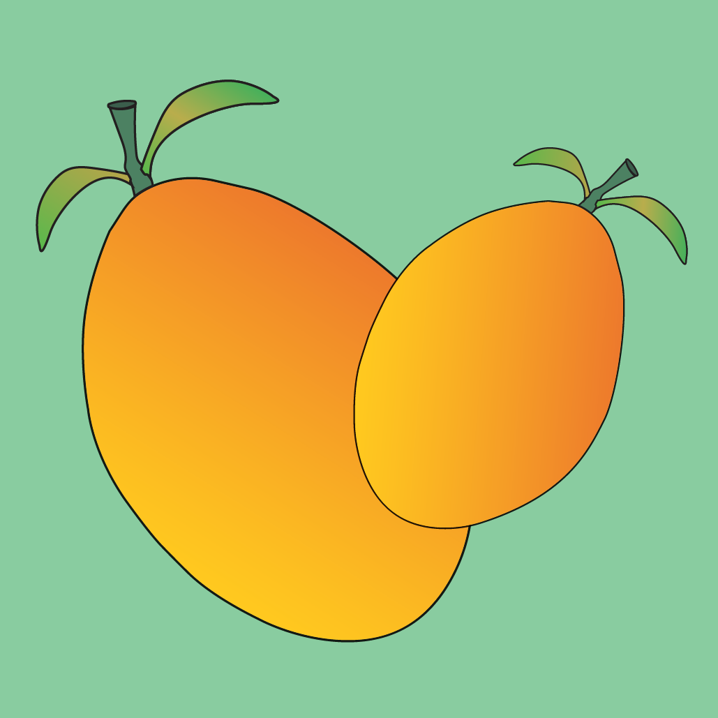 An illustration of two yellow-orange mangos crossed on a seafoam green background. 