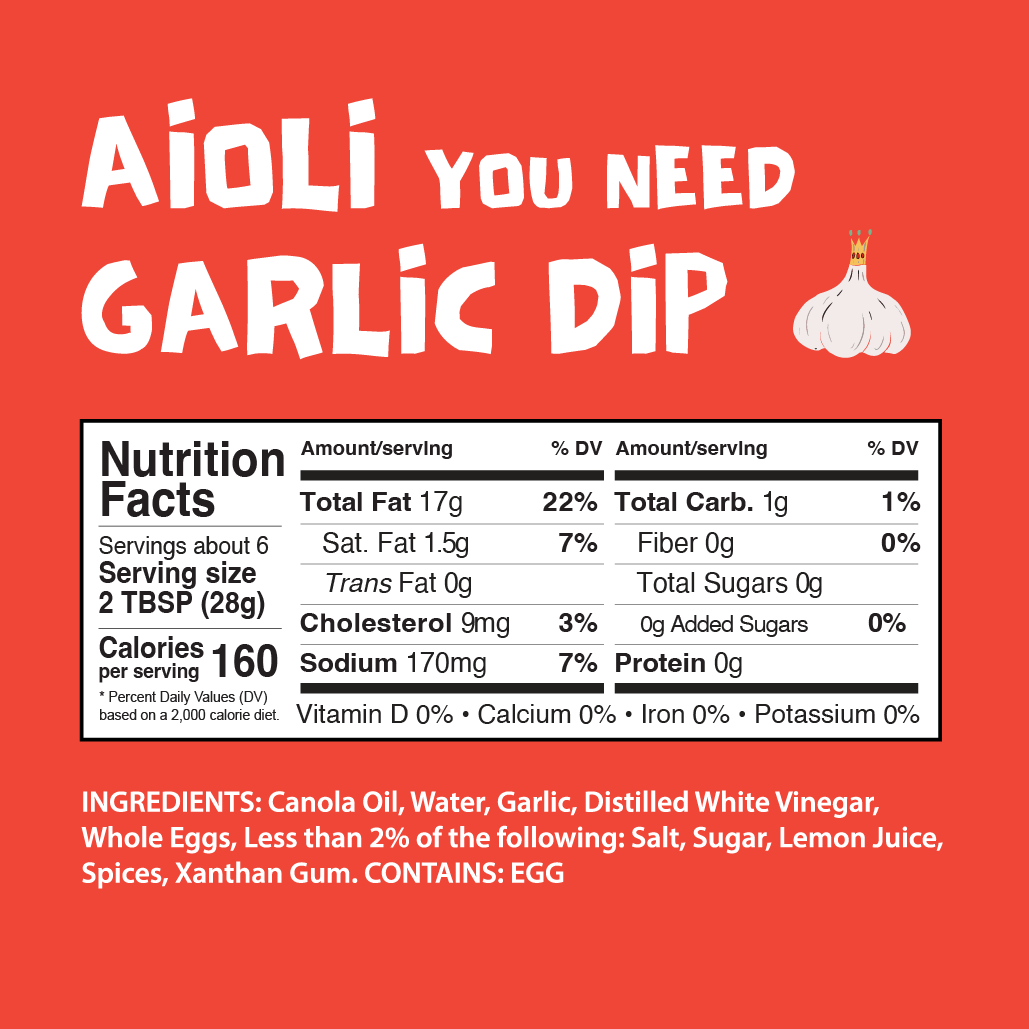 Nutrition Facts	
About 6 Servings per container	
Serving Size	2 TSP (28g)
CALORIES per serving	160
Amount per serving % Daily Value*
Total Fat 17g	22%
  Saturated Fat 1.5g	7%
  Trans Fat 0g            	
Cholesterol 9mg	3%
Sodium 170mg	7%
Total Carbohydrates 1g	1%
  Dietary Fiber 0g	0%
  Total Sugars 0g                       	
     Includes 0g Added Sugars	0%
Protein 0g	
Vitamin D 0mcg  	0%
Calcium 0mg	0%
Iron 0mg	0%
Potassium 0mg	0%
*Percent Daily Values are based on a 2000 calorie diet. 