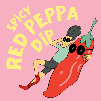An Illustration of a man laying next to a red pepper. The man has tan skin, a blue shirt, grey hair, grey shorts and red socks. Both the pepper and the man have sunglasses. Above them, in yellow text are the words "Spicy Red Peppa Dip." The background is a light pink.