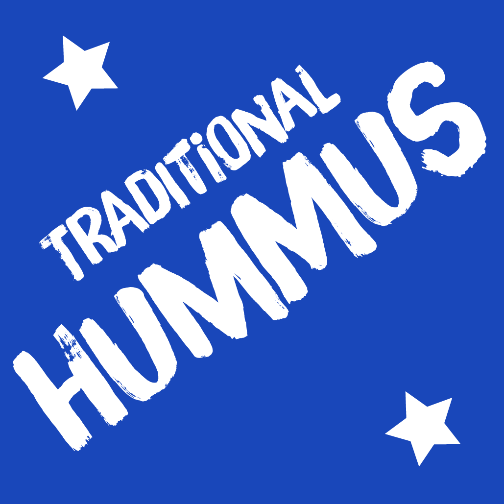 Against a royal blue background the words "Traditional Hummus" are diagonal in white text with a white star on either side.
