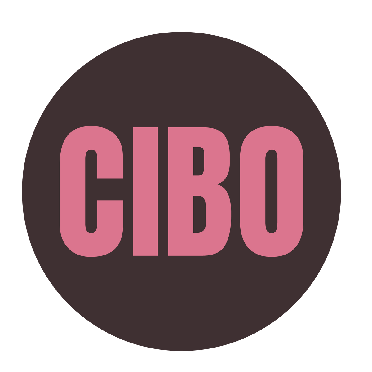 A dark brown circle containing the word "CIBO" in pink text. 